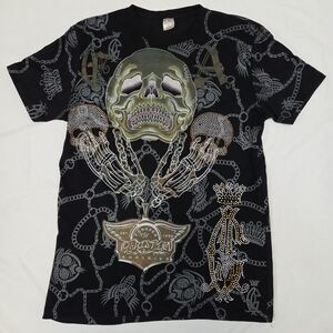 Christian Audigier Y2K Black All Over Print Skull Embellished T Large